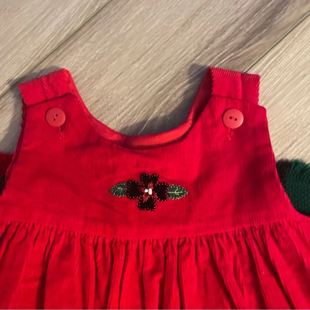Vintage Red Corduroy Embroidered Girl 3T Dress Plaid Scottish Dog Floral Hearts - Picture 4 of 7